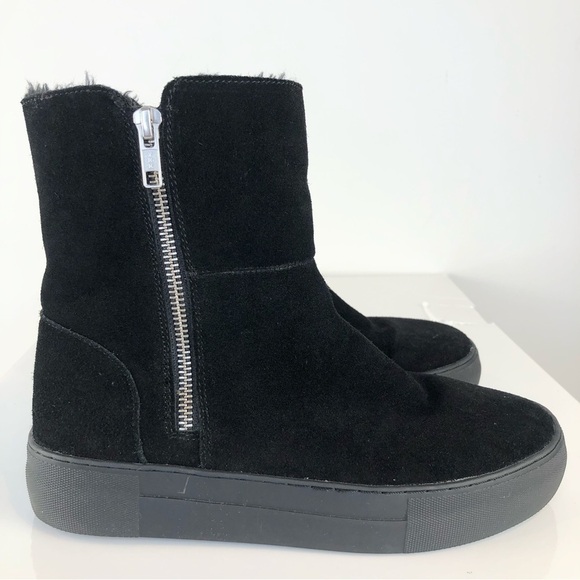 J Slides Black Genuine Suede Faux Fur Lined Zippers Rubber Sole Ankle Booties 7 - Picture 1 of 7